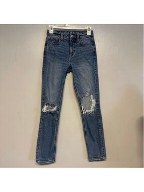 American Eagle Super High Rise Ankle Straight Jeans Size 000 Blue Distressed
